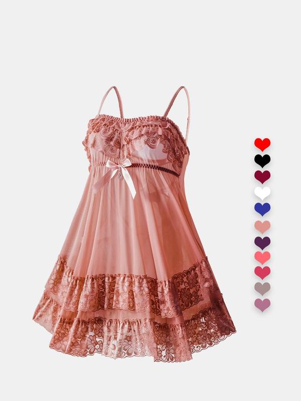 Women's Sheer Floral Lace Cami Dress Sexy Lingerie, Adjustable Strap Bow Decor Short Dress, Ladies Lingerie for All Seasons