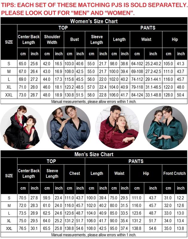 SWOMOG Pajama Sets Women & Men Silky Satin Long Sleeve Sleepwear Classic Button Down Soft Loungewear Couple Christmas Pajama Set Fit Womenswear