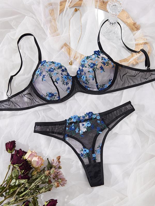 Women's Floral Embroidery Contrast Mesh Bra & Thong Two-piece Set, Sexy Comfy Breathable Lingerie Set for Daily Wear, Women's Underwear Set for All Seasons