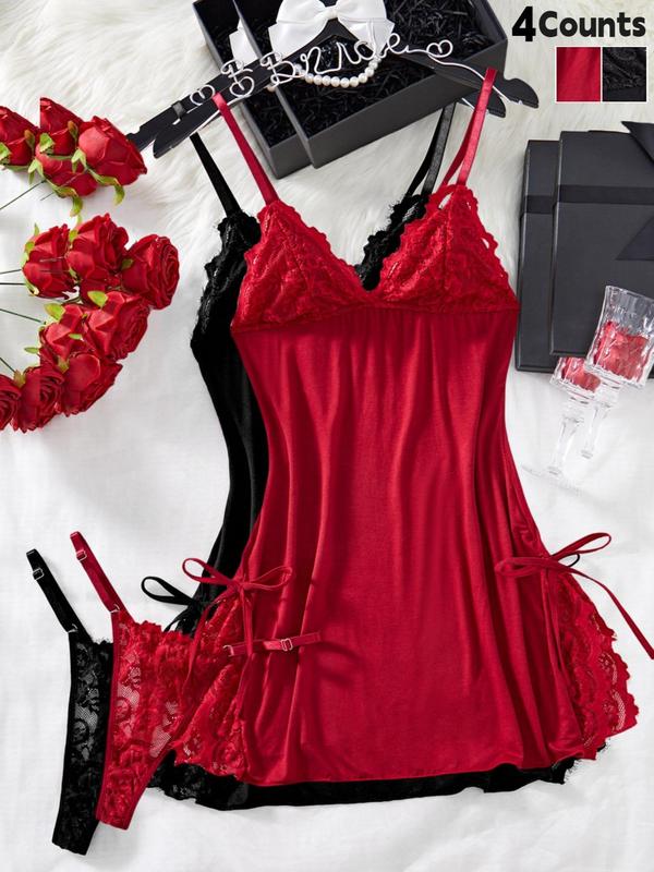 Women's Contrast Lace Cami Nightdress & Thong Set, Adjustable Spaghetti Strap Nighty Dress & Panty Set, Women's Sleepwear & Loungewear Set