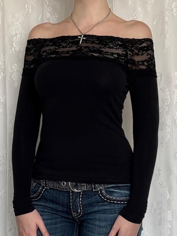 Women's Solid Contrast Lace Off Shoulder Tee, Going Out Tops, T Shirts for Women, Casual Long Sleeve T-shirt for Daily Outdoor Wear, Basic Longsleeves Womenswear for Lady, for Spring & Fall, Fall Outfits, Fallfreshness Clothes, Women's Tops