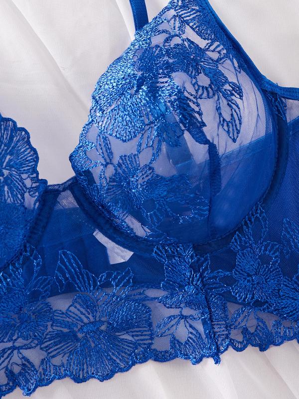 Women's Solid Sheer Lace Bra & Thong & Garter Belt Three-Piece Set, Sexy Comfy Breathable Lingerie Set for Daily Wear, Women's Lingerie & Underwear for All Seasons