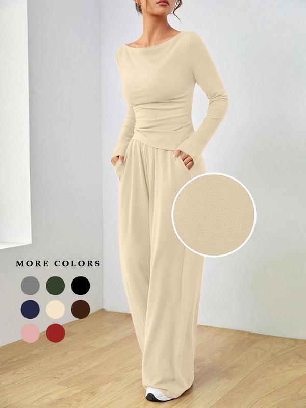 Women's Solid Ruched Asymmetrical Hem Tee & Pants Matching Sets, Co Ords for Women, Casual Boat Neck Long Sleeve Top & Trousers, Women's Spring & Fall Clothes
