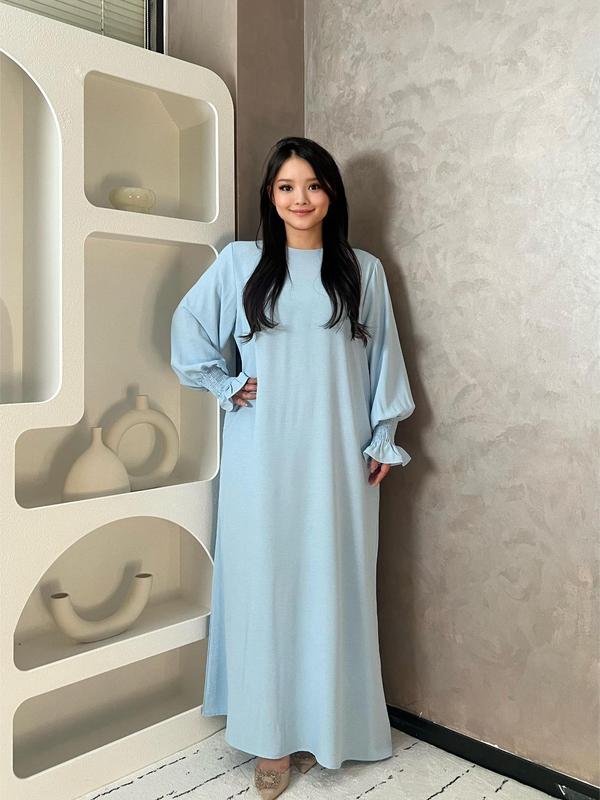 Women's Plain Shirred Flounce Sleeve Zipper Back Dress, Homecoming Dresses, Casual Long Sleeve Round Neck Maxi Dress for Daily Wear, Ladies Clothes for All Seasons
