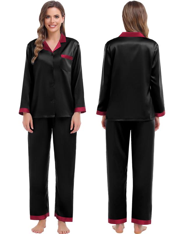SWOMOG Pajama Sets Women & Men Silky Satin Long Sleeve Sleepwear Classic Button Down Soft Loungewear Couple Christmas Pajama Set Fit Womenswear