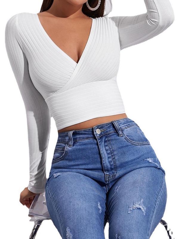 Women's Y2k Plain Wrap V Neck Crop Tee, Casual Long Sleeve Ribbed Slim-fitting T-Shirt for Spring & Fall, T Shirts for Women, Women's Clothing Birthday Gifts