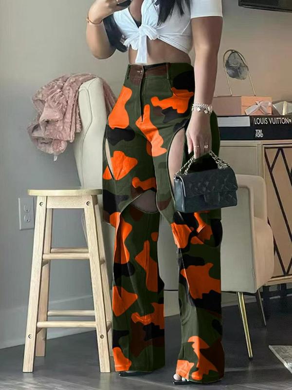 Women's Camo Print Cut Out Pocket Straight Leg Pants, Street Fashion Zipper Fly Button Trousers for Daily Wear, Ladies Clothes for All Seasons, 80s Fashion