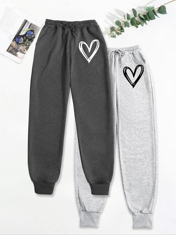 Women's Heart Print Drawstring Waist Sweatpants, Casual Pocket Jogger Pants for Fall & Winter, Women's Trousers for Daily Wear