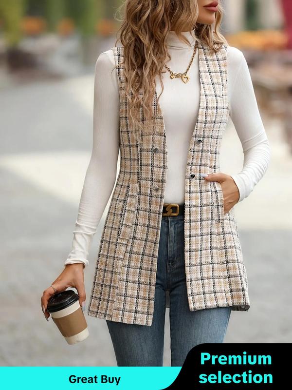 Women's Plaid Print Button Pocket V Neck Suit Vest, Casual Sleeveless Open Front Outerwear for Spring & Fall, Coats for Winter Women 2024, Ladies Clothes for Daily Wear