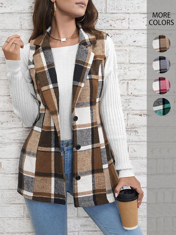 Women's Plaid Print Button Front Vest Coat, Elegant Womenswear Lapel Neck Sleeveless Outerwear, Comfortable Graphic Jackets, Lady Casual Wear Outfit, Winter Clothes Women