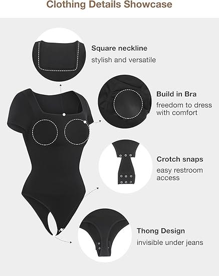 Lover-Beauty Bodysuit Shirts for Women Short Sleeve Tummy Control Thong Shapewear