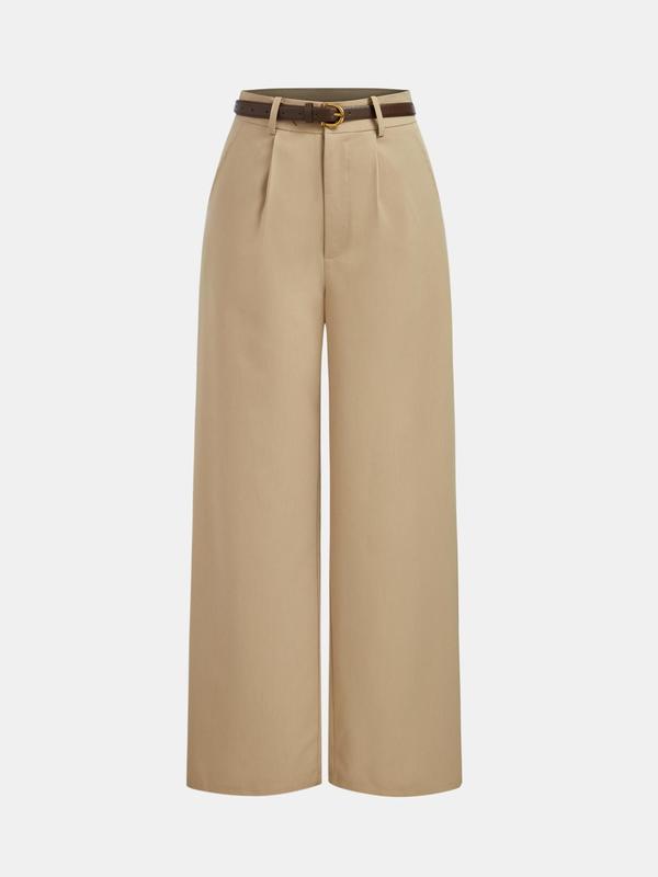 YOZY Women's Solid Ruched Top & Belted Button Pants Set, Casual Flounce Sleeve Round Neck Top & Pocket Wide Leg Trousers, Ladies Two-piece Outfits for All Seasons