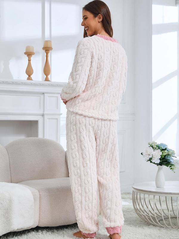 Two-piece Set Women's Heart Embroidery Drop Shoulder Pajama, Casual Comfy Long Sleeve Top & Pants Pj Set, Women's Sleepwear for Fall & Winter