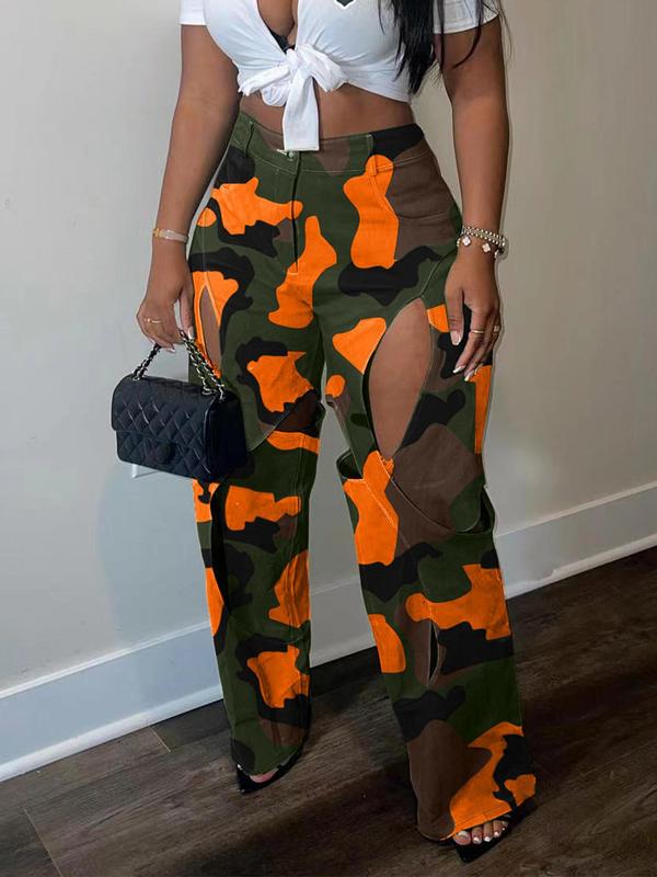 Women's Camo Print Cut Out Pocket Straight Leg Pants, Street Fashion Zipper Fly Button Trousers for Daily Wear, Ladies Clothes for All Seasons, 80s Fashion