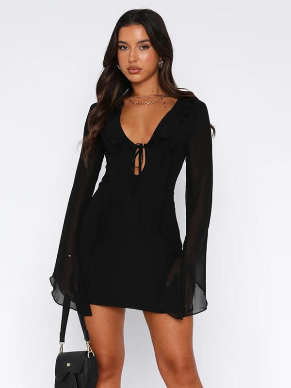 Women's Plain Ruffle Trim Tie Front Flounce Sleeve Chiffon Dress, Dresses for Women, Summer Dresses 2024, Elegant V Neck Long Sleeve Short Dress For Party Dating Wear, Ladies Spring & Fall Clothes
