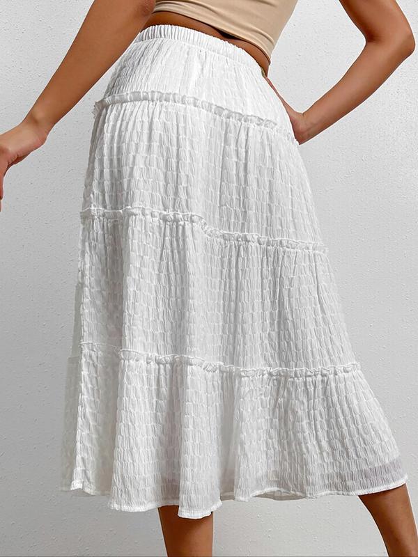 Women's Textured Frill Trim High Waist A Line Skirt, Casual Elastic Waist Midi Skirt for Beach Holiday Vacation, Ladies Summer Clothes