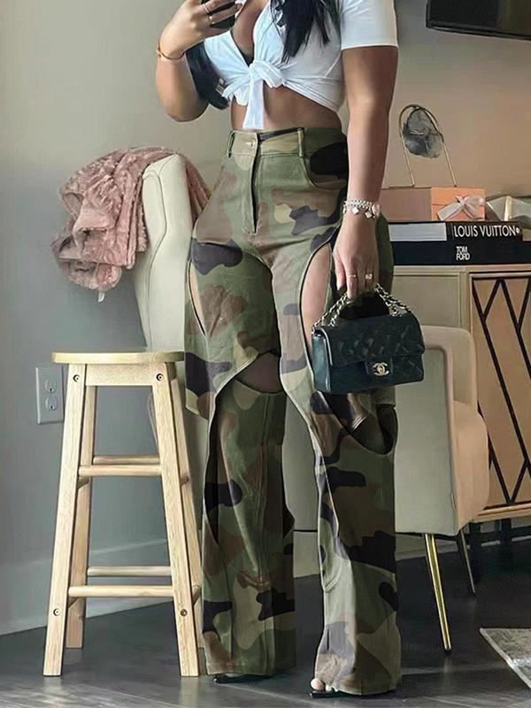 Women's Camo Print Cut Out Pocket Straight Leg Pants, Street Fashion Zipper Fly Button Trousers for Daily Wear, Ladies Clothes for All Seasons, 80s Fashion