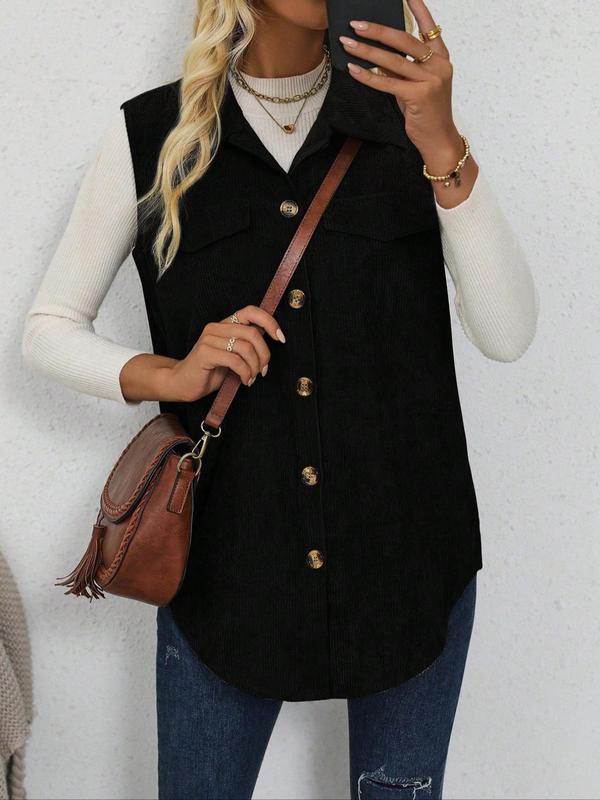 Women's Solid Button Front Corduroy Vest, Casual Fake Pocket Decor Sleeveless Collared Outerwear for Daily Wear, Ladies Clothes for All Seasons