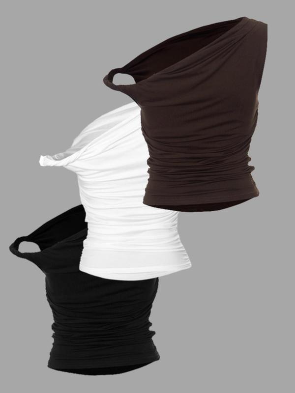 Women's Solid Ruched Asymmetrical Neck Top, Casual Slim-fitting Short Top for Summer, Ladies Clothes for Daily Wear, Going Out Tops, Tops for Women