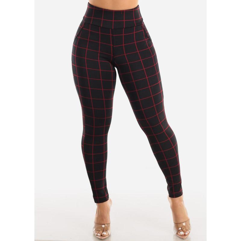 Black High Waisted Butt Lifting Skinny Pants Windowpane