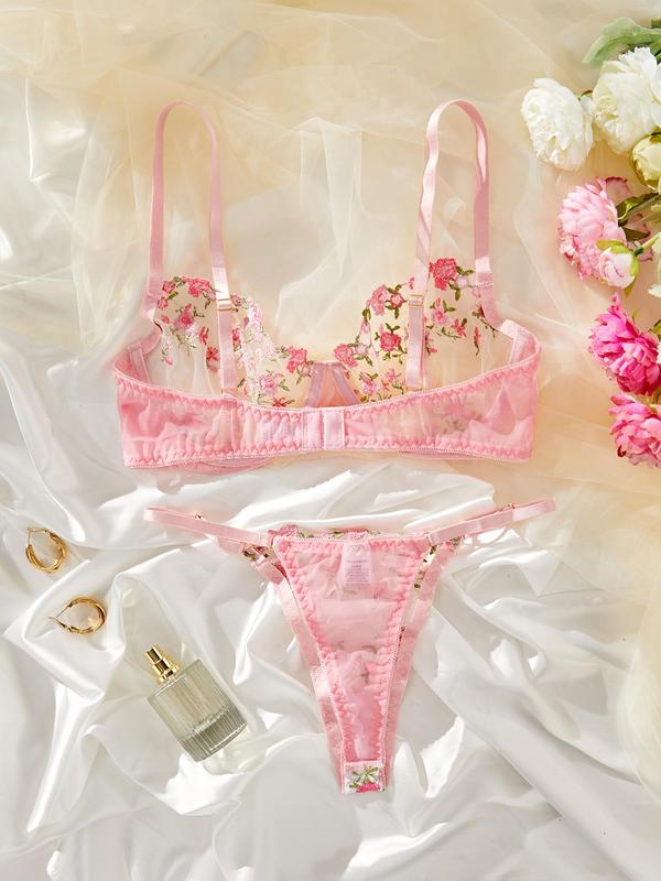 Women's Floral Embroidery Contrast Mesh Push Up Bra & Thong Set, Sexy Comfy Breathable Lingerie Set for Daily Wear, Women's Underwear Set for All Seasons