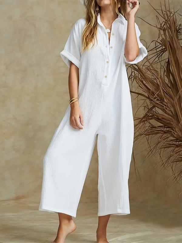 Women's Solid Half Button Wide Leg Jumpsuit, Casual Half Sleeve Collared Jumpsuit for Summer, Women's Jumpsuit for Daily Wear, Shortsleeve Womenswear