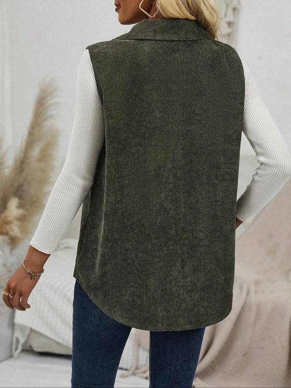 Women's Solid Button Front Corduroy Vest, Casual Fake Pocket Decor Sleeveless Collared Outerwear for Daily Wear, Ladies Clothes for All Seasons