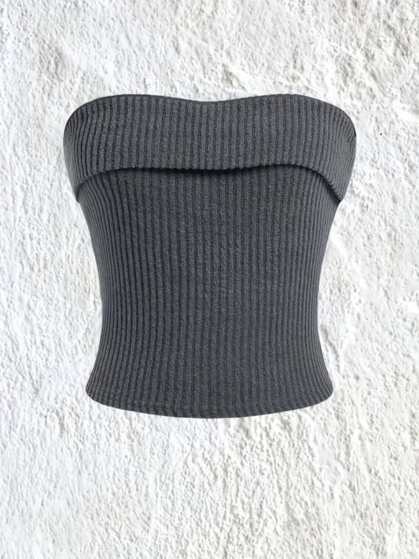 Women's Solid Ribbed Knit Crop Tube Top, Casual Comfort Minimalist Basic Strapless Top for Summer, Chic Womenswear, Womens Top for Daily Wear