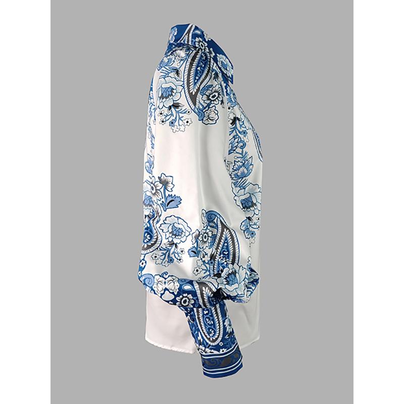UOOZEE women's long-sleeved loose button floral print lapel shirt top, retro floral, fabric contains cotton and polyester, no stretch, daily comfort, strong sense of wear, lantern sleeves sleeve blouse Womenswear Underwear