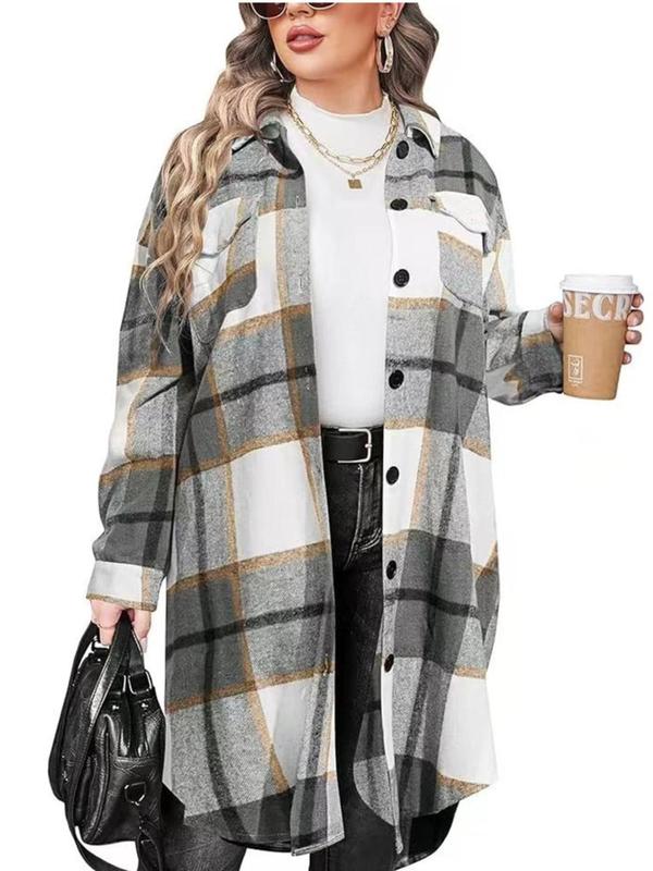  Tartan Print Button Front Flap Pocket Flannel Coat, Casual Curved Hem Drop Shoulder Collared Outerwear for Fall & Winter, Coats for Women, Women's Clothes for Daily Wear, Christmas Coats for Winter Women 2024