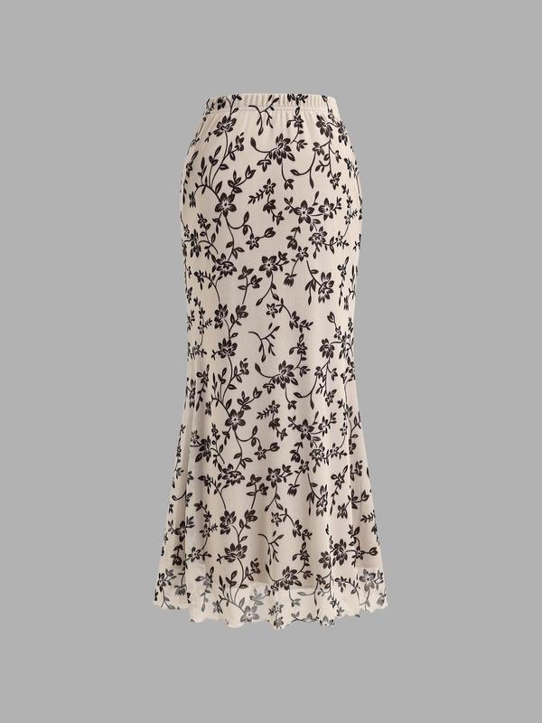 YOZY Christmas Deals, Women's Floral Print Elastic Waist Mermaid Skirt, Elegant High Waist Long Skirt for Party Holiday Wedding Guest, Ladies Fall & Winter Bottoms, Christmas 2024 Trend, Fall & Winter Clothes