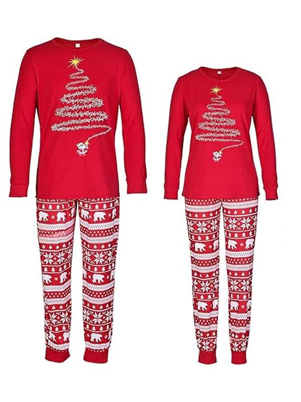 Couple's Christmas Themed Print Long Sleeve Tee & Pants Pyjama Two-piece Set, Casual Comfy Tree Print Round Neck Top & All Over Cartoon Print Trousers PJ Set, Couple's Sleepwear for Fall & Winter