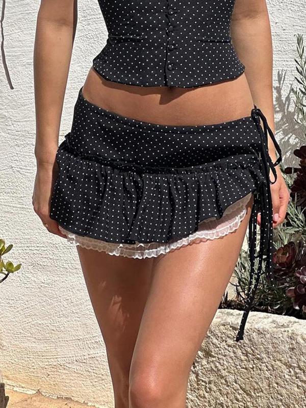 Women's Polka Dot Print Contrast Lace Tie Front A Line Skirt, Asymmetrical Hem Mini Skirt for Summer, Fashion Women's Skirt for Beach Holiday