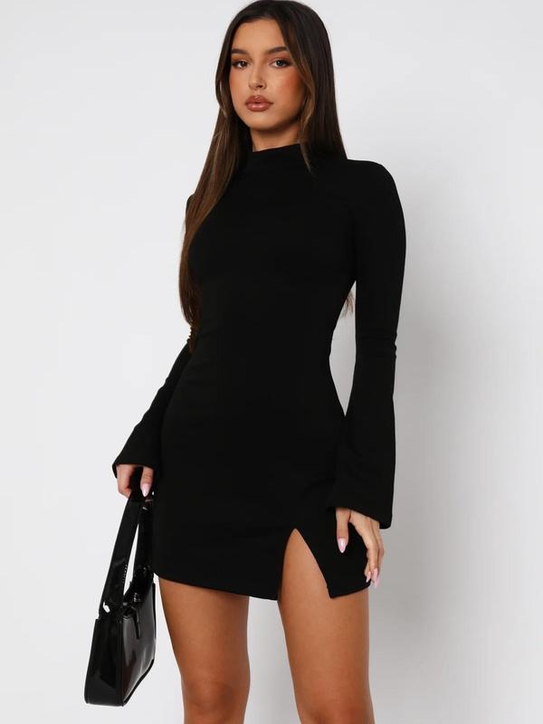 Women's Plain Flounce Sleeve Split Thigh Bodycon Dress, Y2K Fashion Long Sleeve Mock Neck Short Dress for Party Club Dating Wear, Women Dress for All Seasons