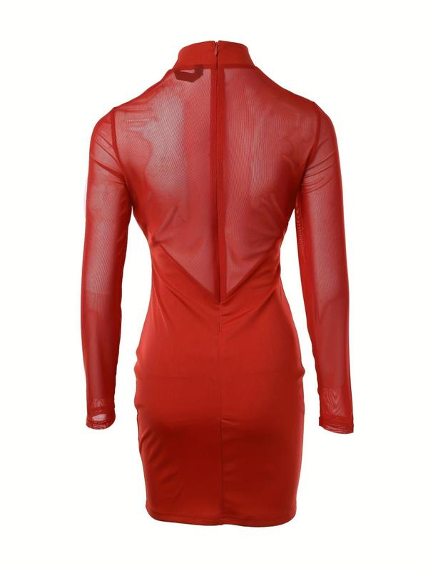 Women's Contrast Mesh Mock Neck Bodycon Dress, Fall Outfits, Elegant Long Sleeve Short Dress for Party Club Dating Wear, Women's Clothing for Fall, Black Girl Outfits Sexy