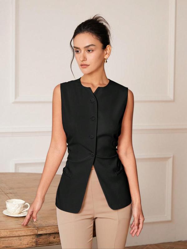 Women's Solid Color Notched Neck Button Front Vest Blazer,  Going Out Tops, Casual Sleeveless Outerwear for Work Office Business, Ladies Clothes for All Seasons
