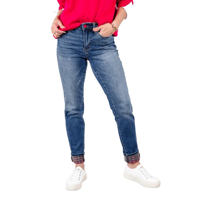Judy Blue Mid Rise Medium Wash Plaid Print Cuffed Boyfriend Jeans