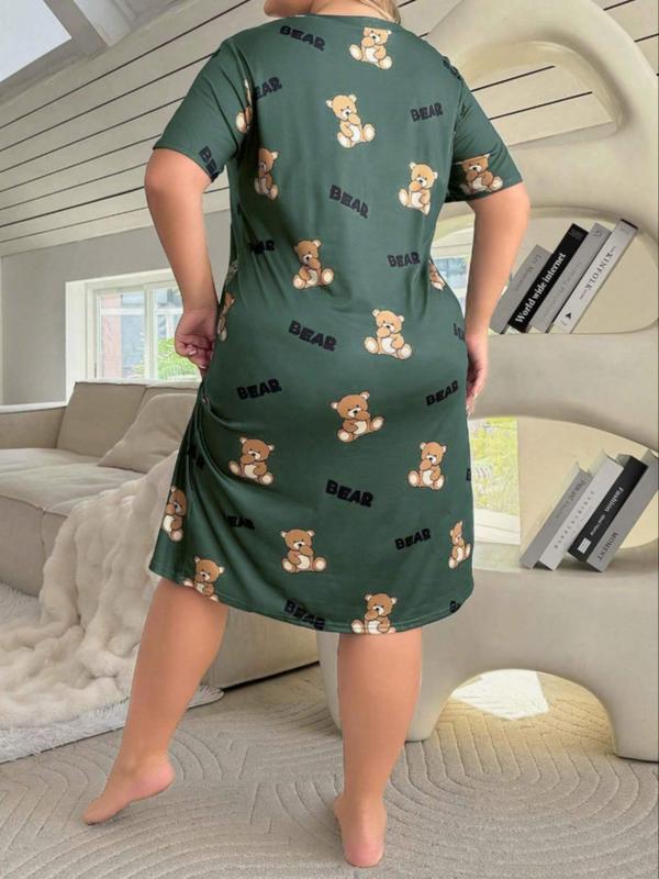 Plus Size Cartoon Bear & Letter Print Drop Shoulder Nightdress, Casual Soft Comfortable Round Neck Short Sleeve Nightgown For Women, Women's Sleepwear For All Seasons