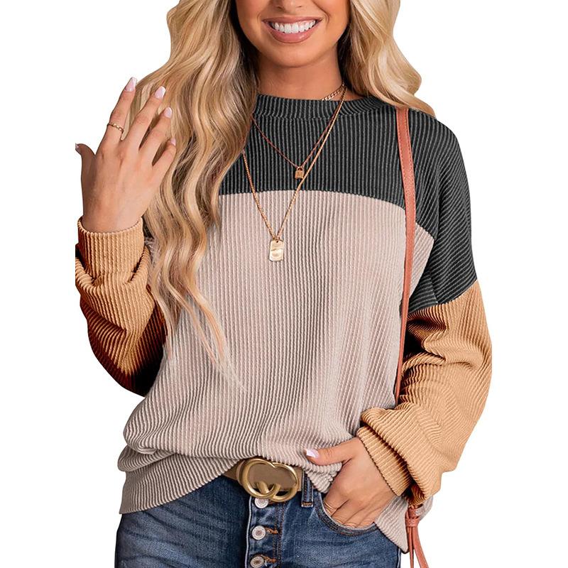 Womens Fashion Color Block Long Sleeve Crewneck Knitted Casual Loose Pullover Shirts Tops Spring Womenswear Denim Elastic