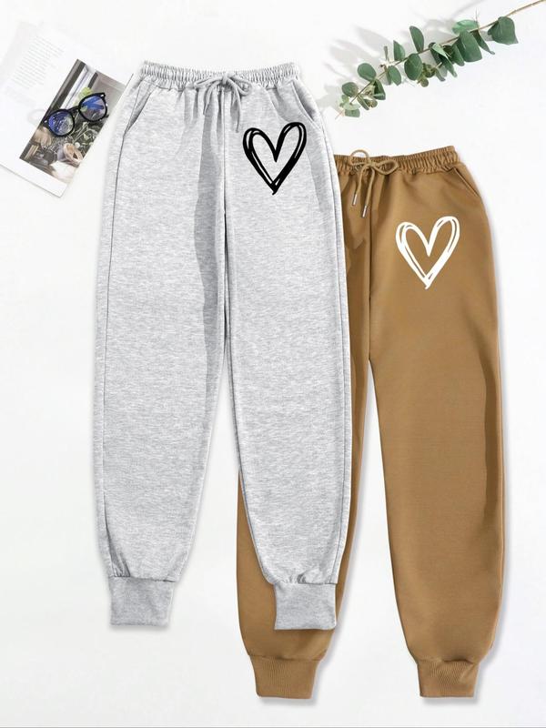 Women's Heart Print Drawstring Waist Sweatpants, Casual Pocket Jogger Pants for Fall & Winter, Women's Trousers for Daily Wear