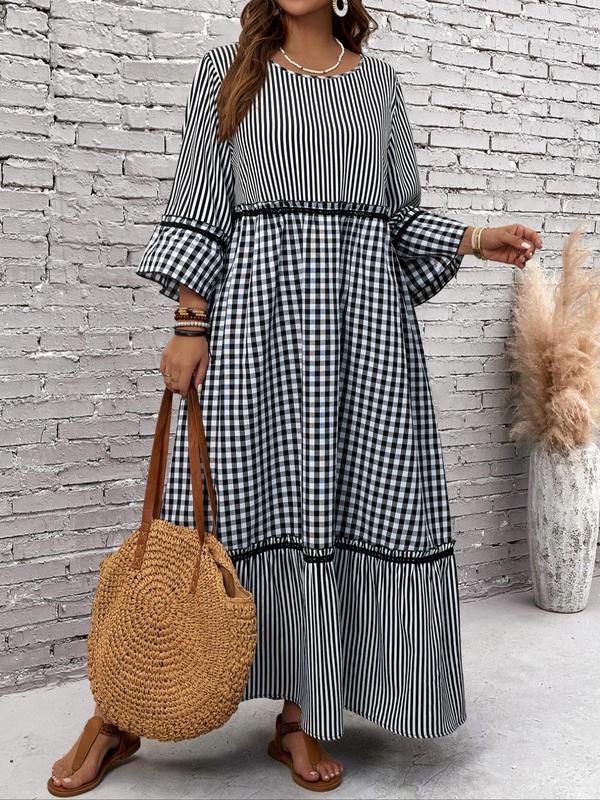  Women's Plaid & Striped Print Frill Trim Flounce Sleeve Dress, Elegant Long Sleeve Round Neck A Line Dress for Daily Outdoor Wear, Women's Clothing for All Seasons Moo Moo Dresses