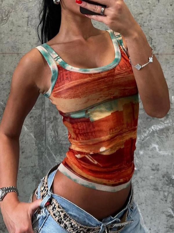Women's Landscape Print Contrast Binding Crop Tank Top, Street Fashion Casual Sleeveless Round Neck Top for Daily Outdoor Wear, Ladies Clothes for Summer