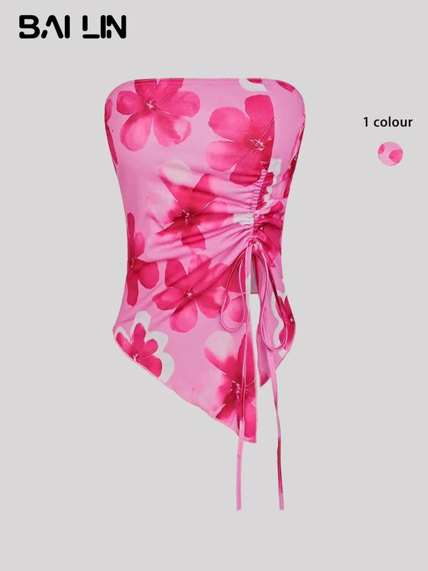 Women's Floral Print Drawstring Crop Tube Top, Lady Sexy Comfort Asymmetrical Strapless Top for Beach Holiday Vacation, Ladies Clothes for All Seasons,  Tube Top Outfits,  Womenswear Back To School Going Out Tops