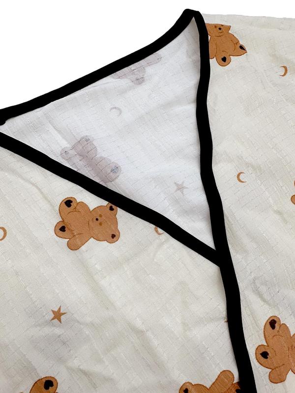 Women's Cartoon Bear Print Contrast Binding Belted Robe, Casual Long Sleeve Flounce Sleeve Open Front Robe, Ladies Sleepwear for All Seasons, Summer Wear 2024, Loungewear for Women