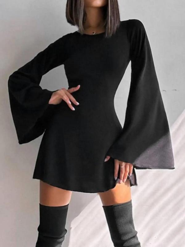 Women's Lace Up Flounce Sleeve A Line Dress, Vintage Girly Clothes  Lady Casual Wear Round Neck Mini Dress, Basic Longsleeves Womenswear, Going Out Outfits, Women's Clothing