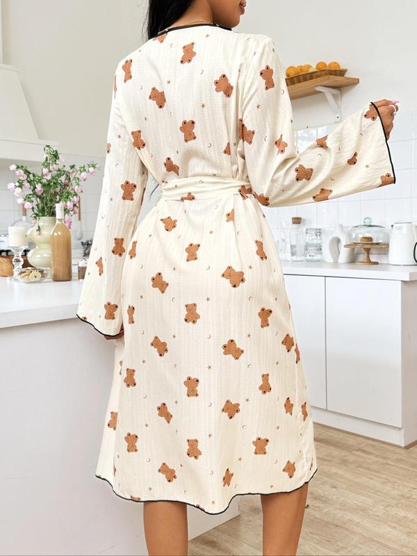 Women's Cartoon Bear Print Contrast Binding Belted Robe, Casual Long Sleeve Flounce Sleeve Open Front Robe, Ladies Sleepwear for All Seasons, Summer Wear 2024, Loungewear for Women
