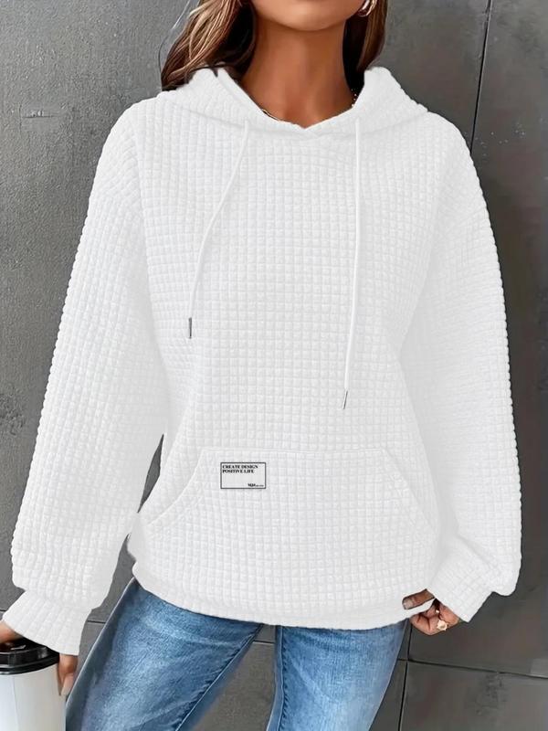 Women's Letter Patched Textured Drop Shoulder Hoodie, Fashion Casual Drawstring Pocket Hooded Sweatshirt for Daily Holiday Outdoor Wear, Women Clothing for Fall & Winter