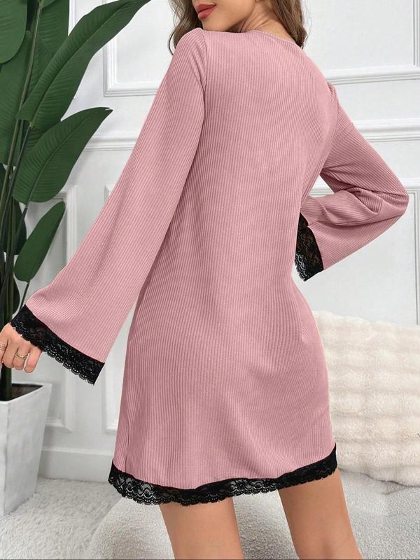 Women's Contrast Lace Flounce Sleeve Ribbed Loungewear Dresses, Casual Long Sleeve V Neck Nightgown for Spring & Fall, Ladies Sleepwear for Indoor Wear