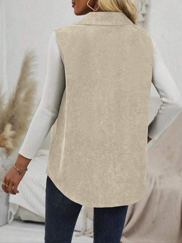 Women's Solid Button Front Corduroy Vest, Casual Fake Pocket Decor Sleeveless Collared Outerwear for Daily Wear, Ladies Clothes for All Seasons