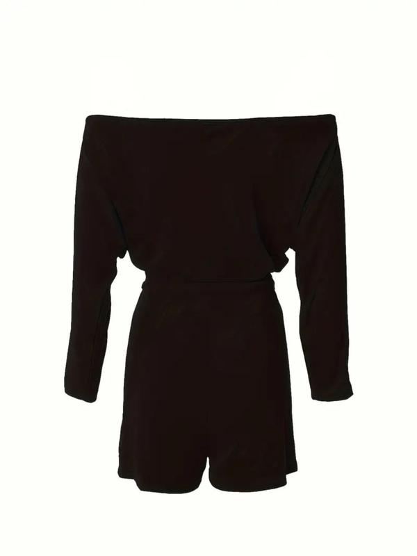 Women's Solid Off The Shoulder Romper, Casual Long Sleeve Belted Romper for Daily Wear, Ladies Back To School Clothes for Fall
